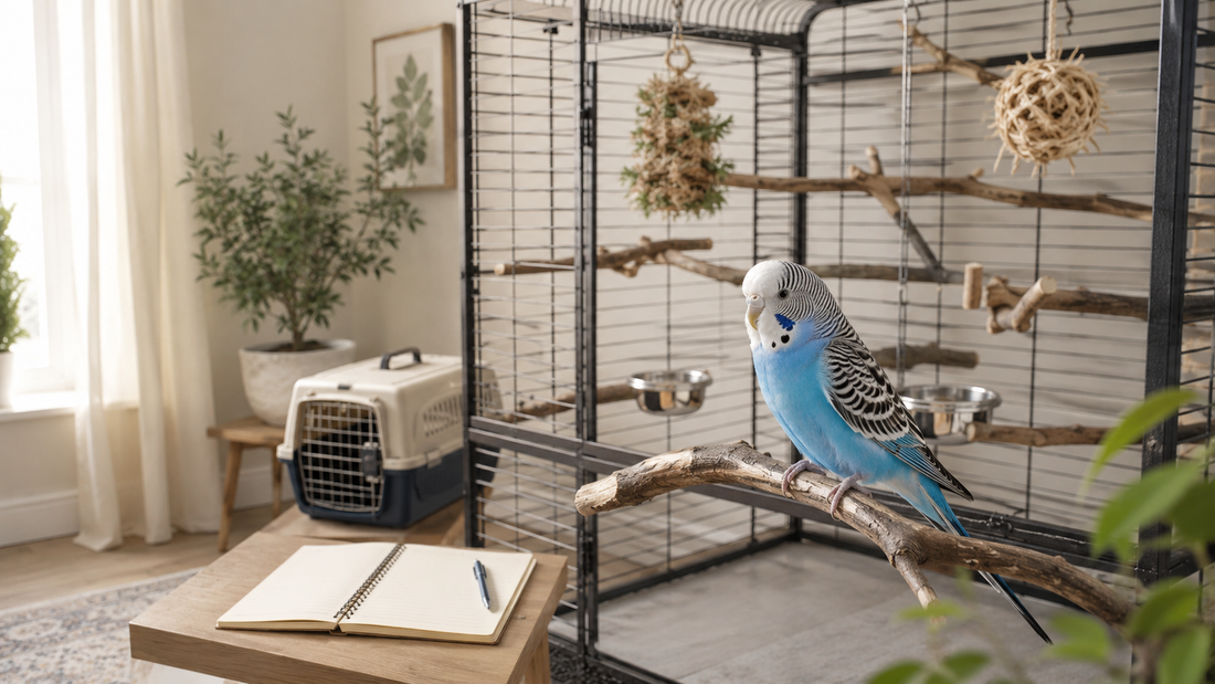 A prepared bird cage with perches, toys, and enrichment items ready for a new budgie