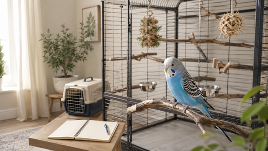 A prepared bird cage with perches, toys, and enrichment items ready for a new budgie